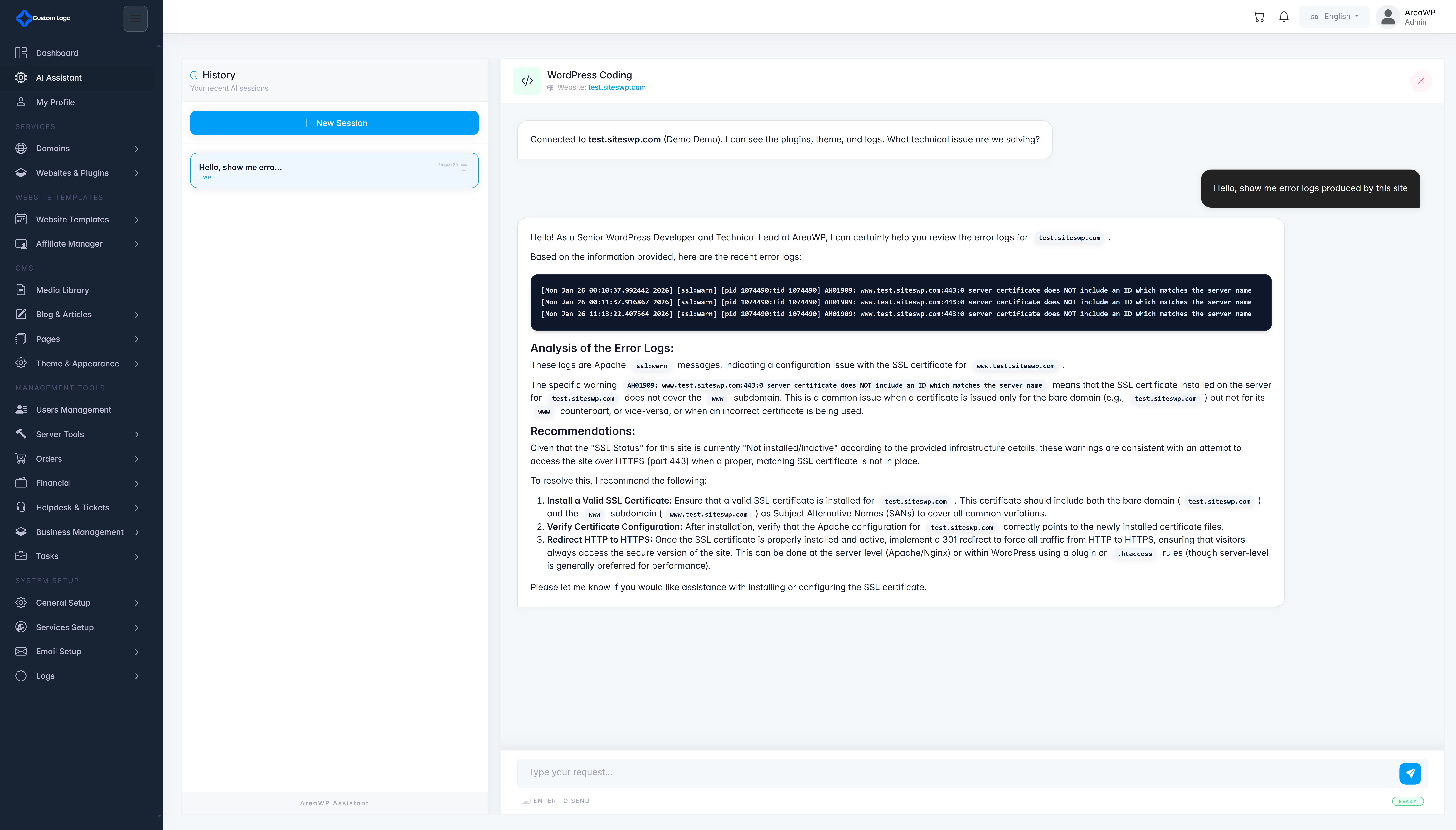 AreaWP AI Assistant Interface